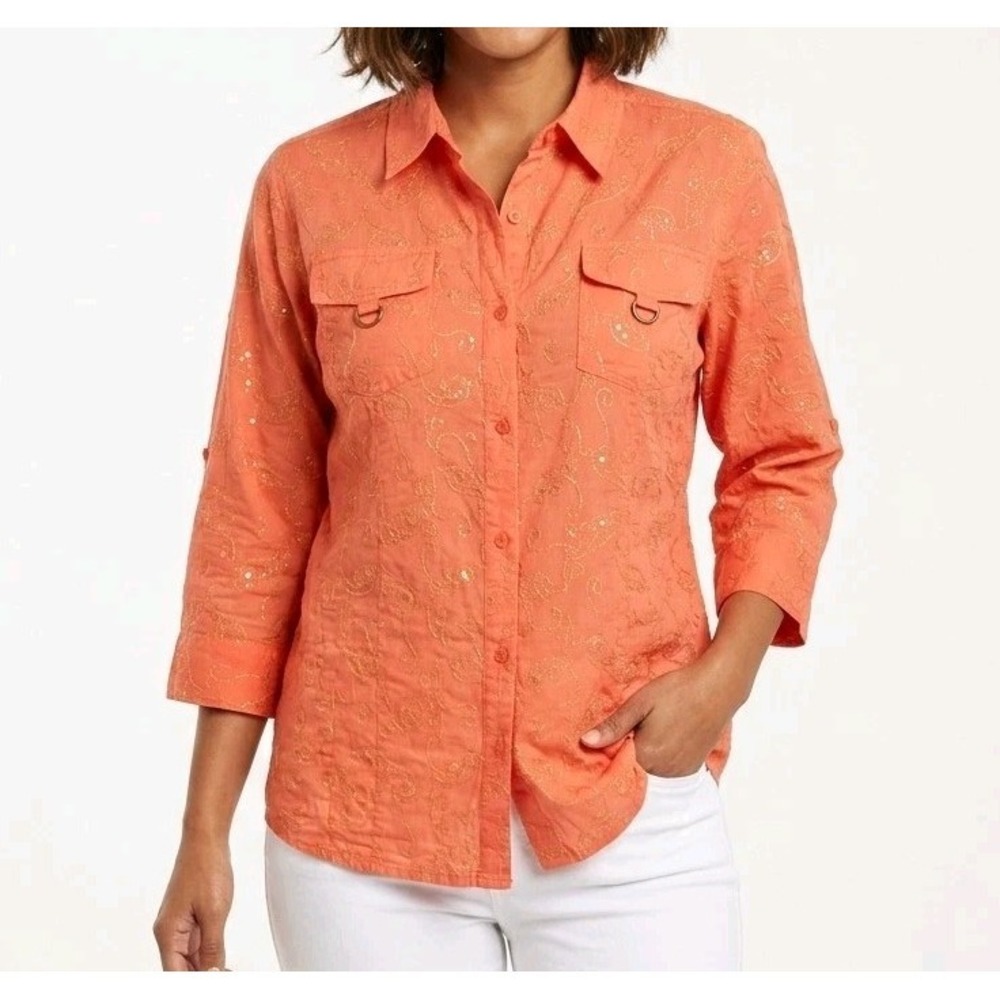 Sag Harbor Jean Co Cotton Coral Gold Thread Sequins 3/4 Rollup Sleeve XL